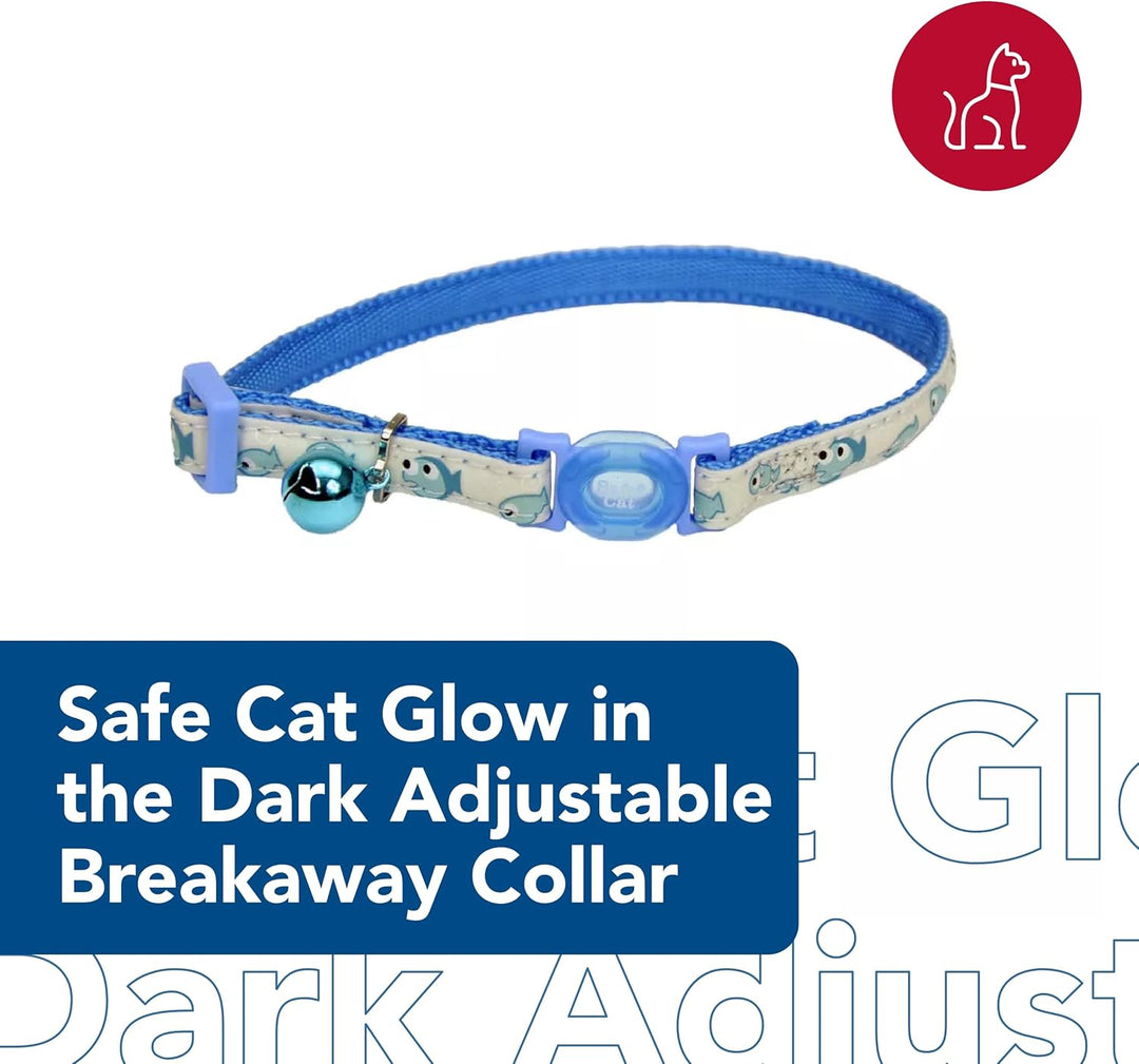 - Safe Cat Glow in the Dark Adjustable Breakaway Collar - Glowing Blue Fish Print - 3/8” X 8"-12”