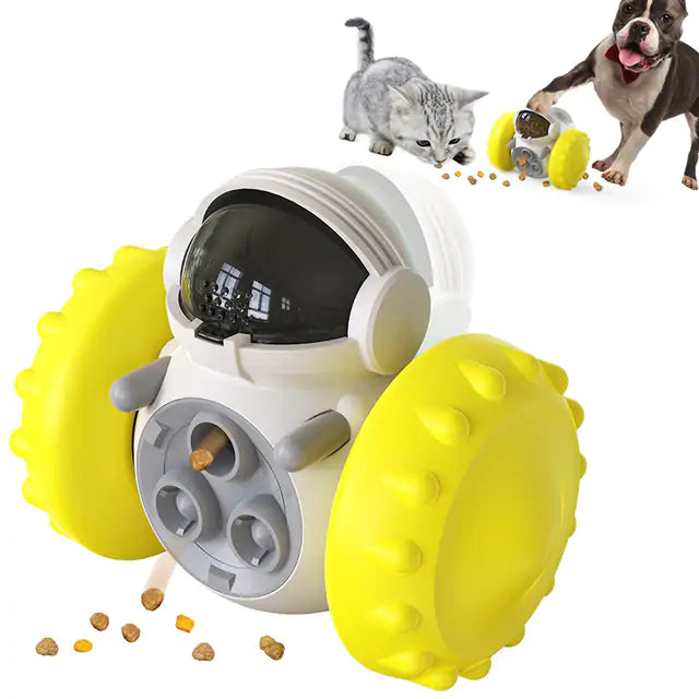 Tumbler Food Dispenser Pet Toy with yellow wheels and durable ABS material, featuring slow-feed design for cats and dogs.