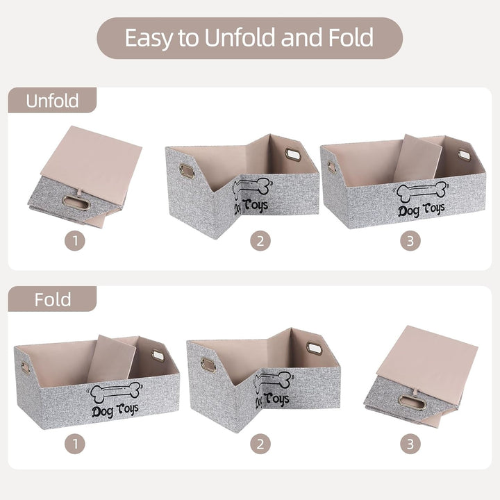 Dog Toy Basket, Puppy Toys Storage Organizer Box Foldable Trapezoid Fabric Bin Pet Supplies Holder Container with Metal Handles for Organizing Dogs Chew Toys Blankets Leashes, Gray