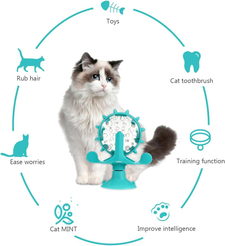 Interactive Pet Treats Dispenser Toy: 360 Degree Rotating Windmil Puzzle Toys for Small Cat & Dog - Blue Exercise Wheel Cat Feeder with Suction Cup