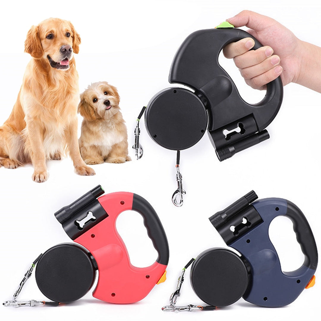 Auto retractable double-ended dog leash for walking two dogs simultaneously.