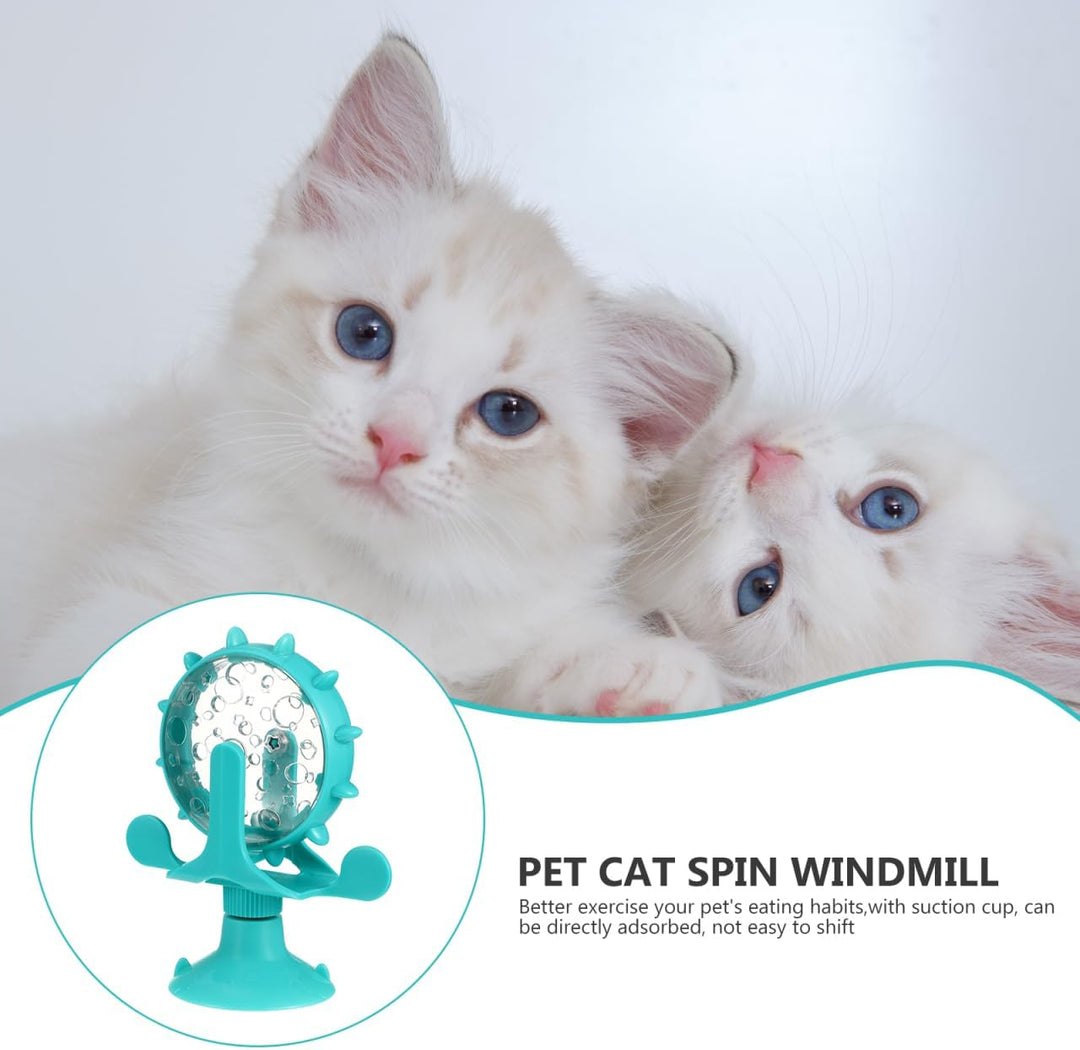 Interactive Pet Treats Dispenser Toy: 360 Degree Rotating Windmil Puzzle Toys for Small Cat & Dog - Blue Exercise Wheel Cat Feeder with Suction Cup