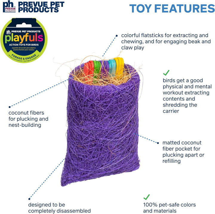 Prevue Pet Products Forage & Engage Tear-Riffic Coconut Fiber Bird Wood Stix Grab Bag Bird Toy 62387 Small