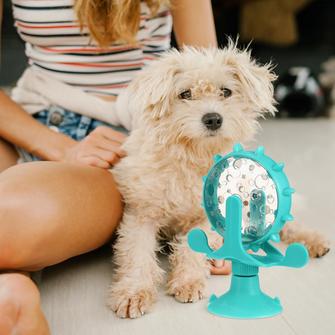 Interactive Pet Treats Dispenser Toy: 360 Degree Rotating Windmil Puzzle Toys for Small Cat & Dog - Blue Exercise Wheel Cat Feeder with Suction Cup