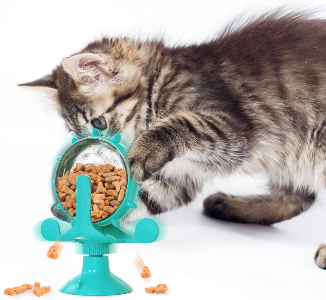 Interactive Cat Treats Dispenser Toy, 360 Degree Rotating Windmill Toys Fun Pet Puzzle Cat Feeder Toy for Small Pets, Exercise Wheel Feeder Toy with Suction Cup, Blue
