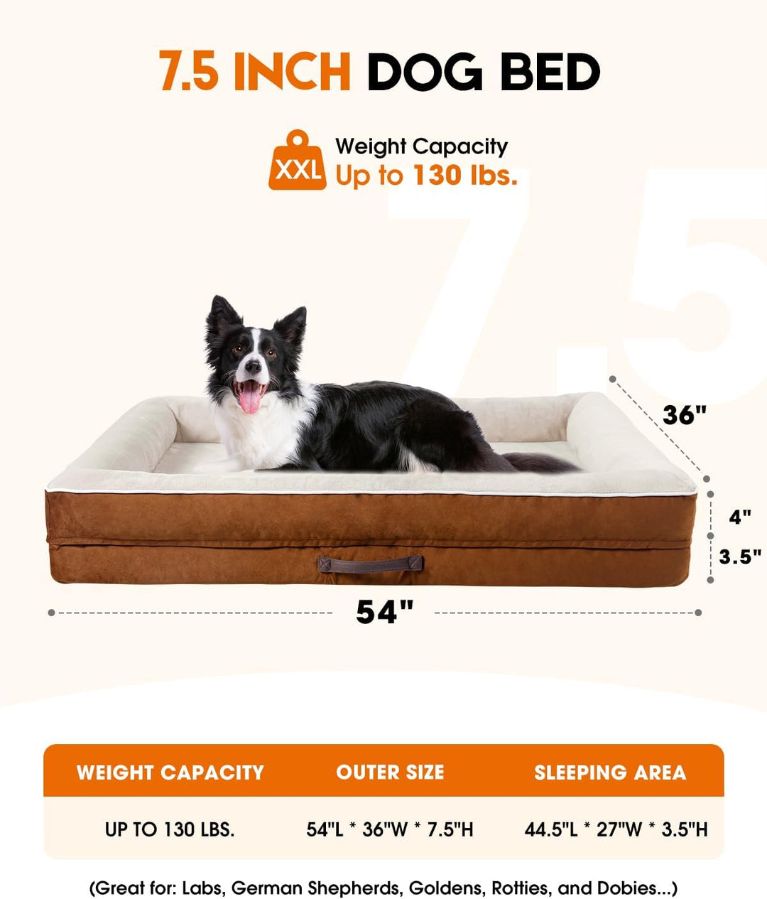 Xx-Large Orthopedic Dog Bed, Egg Foam Dog Couch with Removable Washable Cover, Waterproof Pet Sofa Bed with Non-Slip Bottom and Four-Sided Bolster Cushion, Brown Dog Beds for Giant Sized Dog
