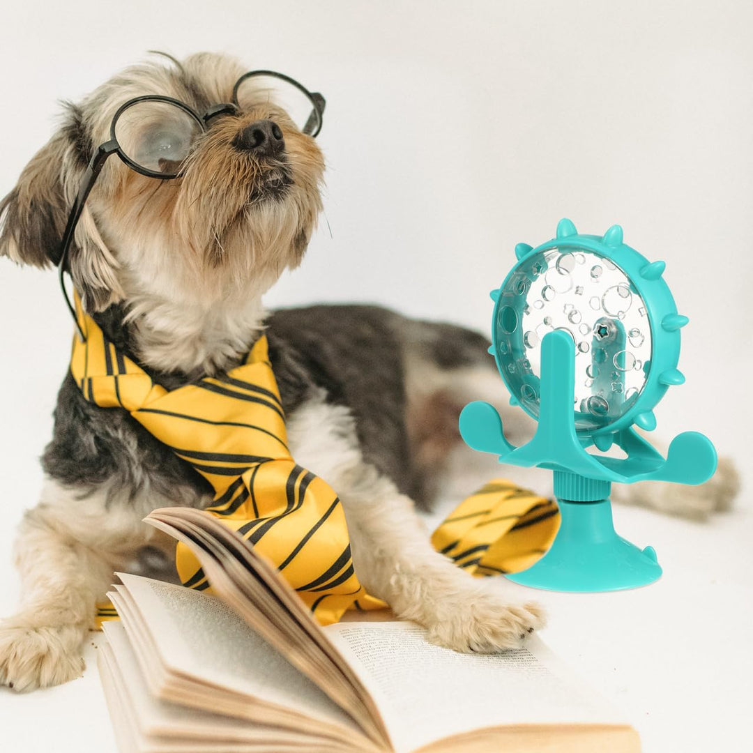 Interactive Pet Treats Dispenser Toy: 360 Degree Rotating Windmil Puzzle Toys for Small Cat & Dog - Blue Exercise Wheel Cat Feeder with Suction Cup