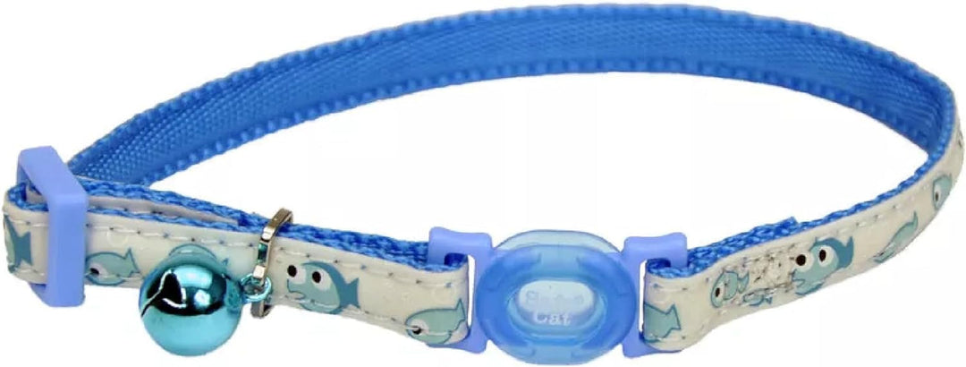 Safe Cat glow in the dark adjustable breakaway collar with blue fish print for nighttime visibility.