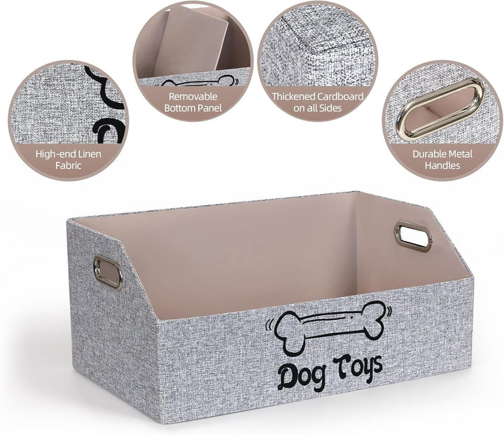 Dog Toy Basket, Puppy Toys Storage Organizer Box Foldable Trapezoid Fabric Bin Pet Supplies Holder Container with Metal Handles for Organizing Dogs Chew Toys Blankets Leashes, Gray