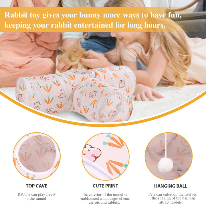 Rabbit Toys, Bunny Tunnels & Tubes, Collapsible 3 Way Rabbit Hideout Tunnel with Chew Toys for Bunny Guinea Pig Ferret Kitten