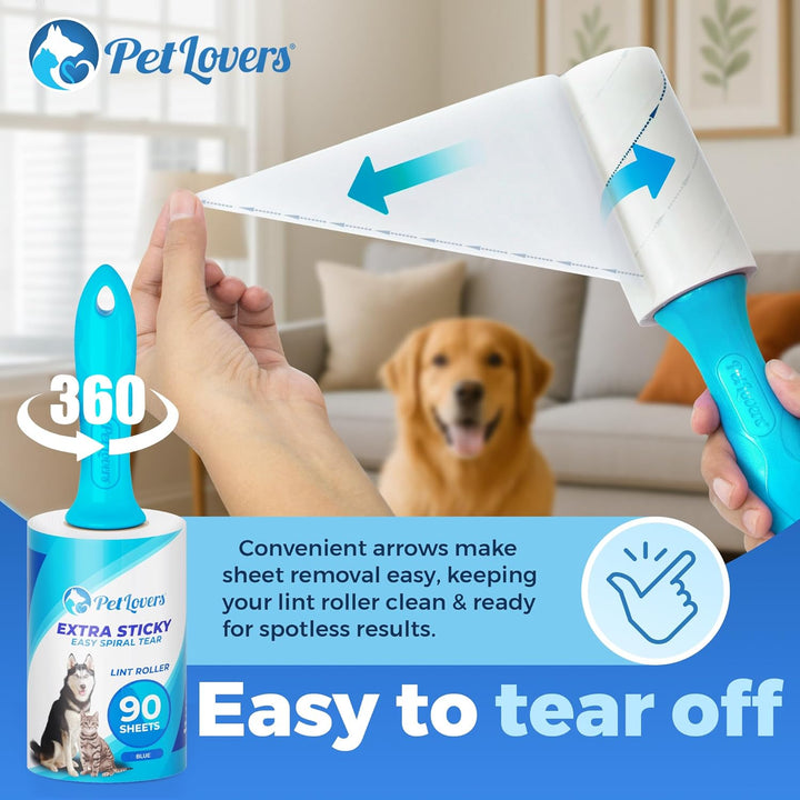 Extra Sticky Lint Roller Mega Value Set 450 Sheets for Pet Hair Removal and Clothes, Dog and Cat Lint Remover 5 Pack Light Blue