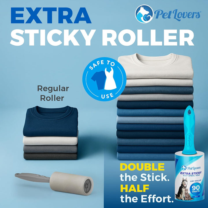 Extra Sticky Lint Roller Mega Value Set 450 Sheets for Pet Hair Removal and Clothes, Dog and Cat Lint Remover 5 Pack Light Blue