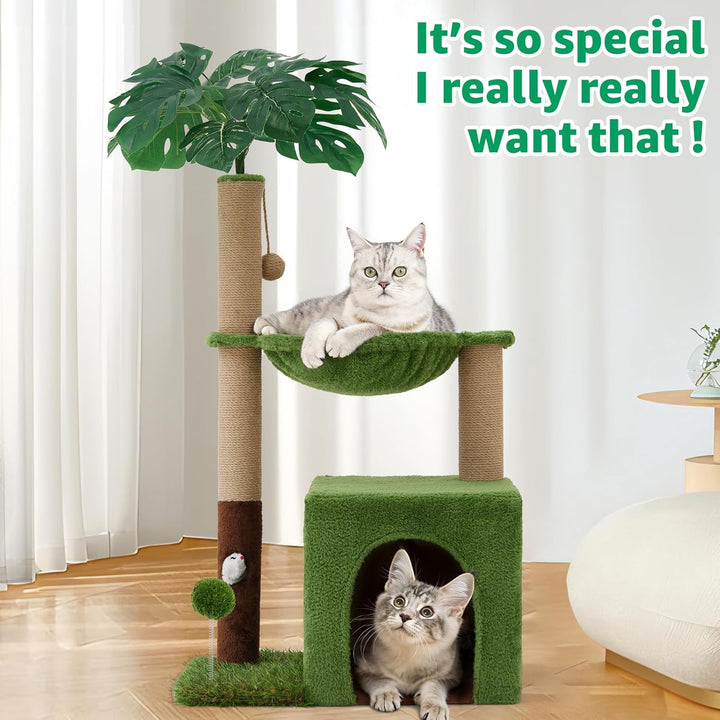 37" Cat Tree Tower for Indoor Cats，2-In-1 Multi-Functional Comfort with Premium Sisal Scratching Post, Cat Cando with Mouse Hole and Plush Toy Ball Large Hammock for Kitty or Small Cats