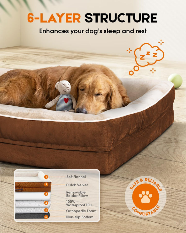 Xx-Large Orthopedic Dog Bed, Egg Foam Dog Couch with Removable Washable Cover, Waterproof Pet Sofa Bed with Non-Slip Bottom and Four-Sided Bolster Cushion, Brown Dog Beds for Giant Sized Dog