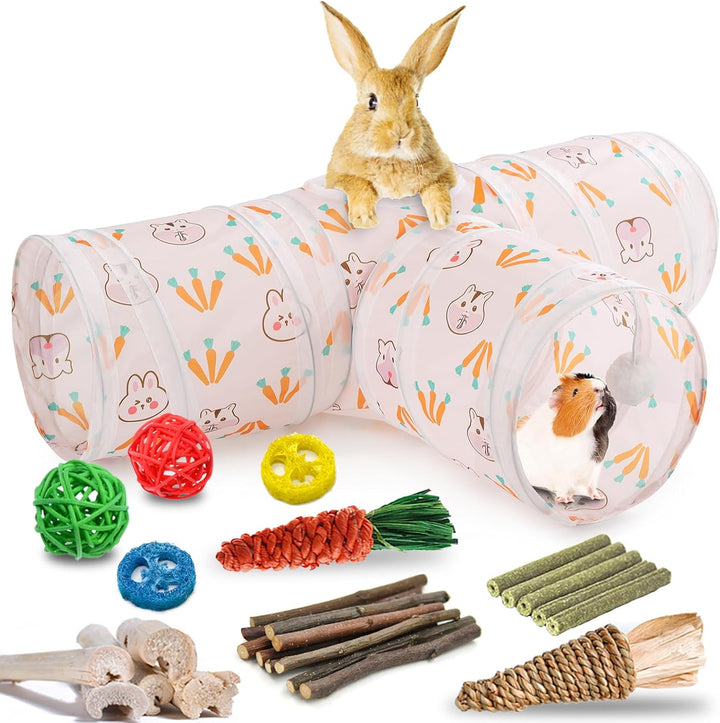 Rabbit Toys, Bunny Tunnels & Tubes, Collapsible 3 Way Rabbit Hideout Tunnel with Chew Toys for Bunny Guinea Pig Ferret Kitten