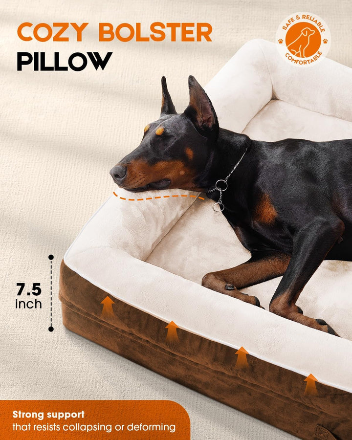 Xx-Large Orthopedic Dog Bed, Egg Foam Dog Couch with Removable Washable Cover, Waterproof Pet Sofa Bed with Non-Slip Bottom and Four-Sided Bolster Cushion, Brown Dog Beds for Giant Sized Dog