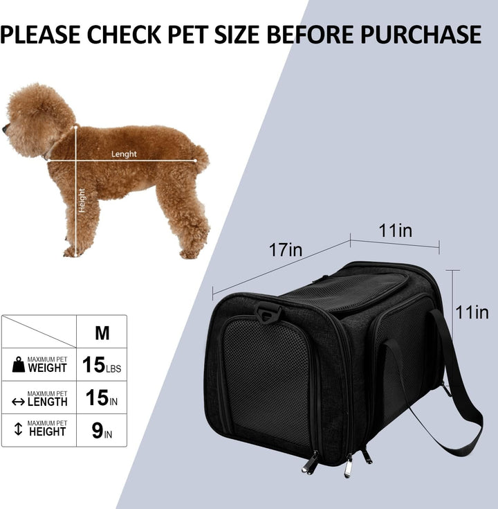 Cat Carriers Dog Carrier Pet Carrier for Small / Medium Cats Dogs Puppies (Up to 15Lbs), TSA Airline Approved Small Dog Carrier Soft Sided, Collapsible Waterproof Travel Puppy Carrier -Black