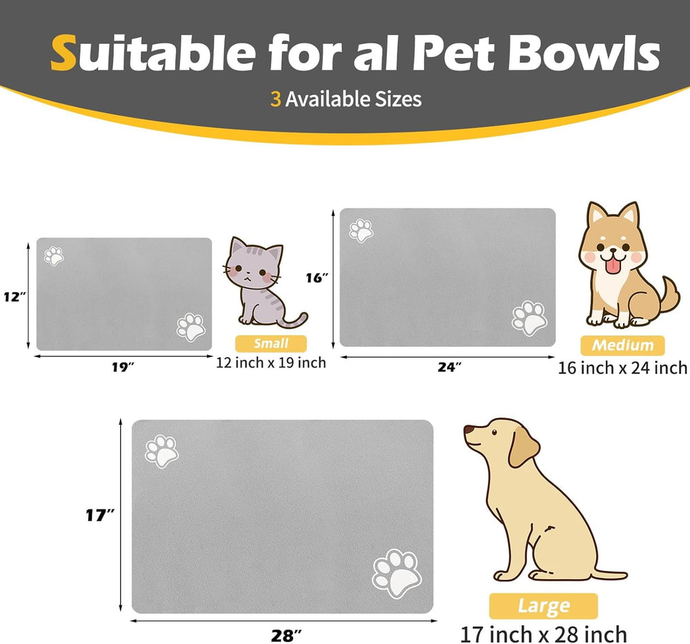 Pet Feeding Mat - Absorbent for Food and Water Bowl - Dog Accessories - Water Bowl for Messy Drinkers - No Stains Quick Dry Dispenser Mat (12"X19", Light Grey)