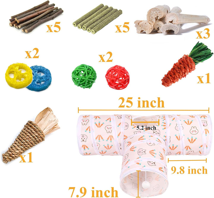 Rabbit Toys, Bunny Tunnels & Tubes, Collapsible 3 Way Rabbit Hideout Tunnel with Chew Toys for Bunny Guinea Pig Ferret Kitten
