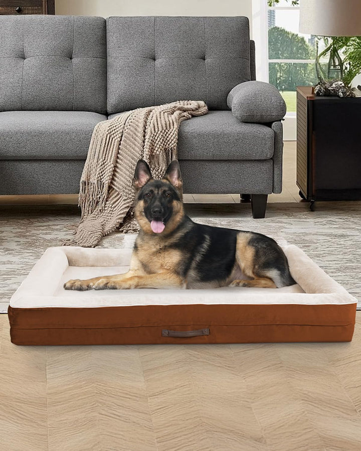 Xx-Large Orthopedic Dog Bed, Egg Foam Dog Couch with Removable Washable Cover, Waterproof Pet Sofa Bed with Non-Slip Bottom and Four-Sided Bolster Cushion, Brown Dog Beds for Giant Sized Dog