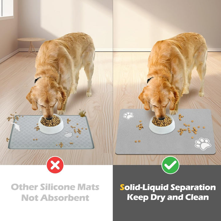 Pet Feeding Mat - Absorbent for Food and Water Bowl - Dog Accessories - Water Bowl for Messy Drinkers - No Stains Quick Dry Dispenser Mat (12"X19", Light Grey)