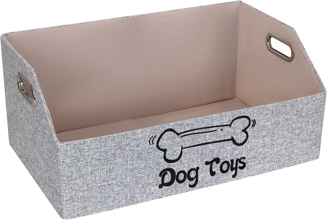 Dog Toy Basket, Puppy Toys Storage Organizer Box Foldable Trapezoid Fabric Bin Pet Supplies Holder Container with Metal Handles for Organizing Dogs Chew Toys Blankets Leashes, Gray