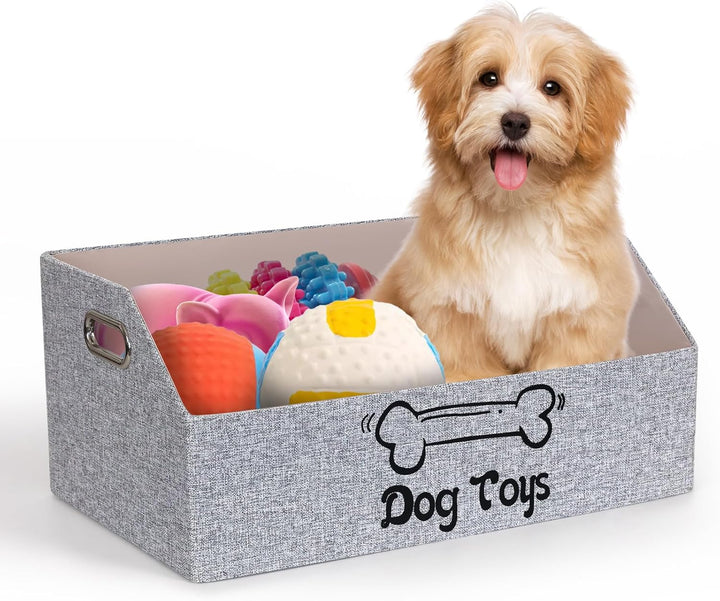 Dog Toy Basket, Puppy Toys Storage Organizer Box Foldable Trapezoid Fabric Bin Pet Supplies Holder Container with Metal Handles for Organizing Dogs Chew Toys Blankets Leashes, Gray