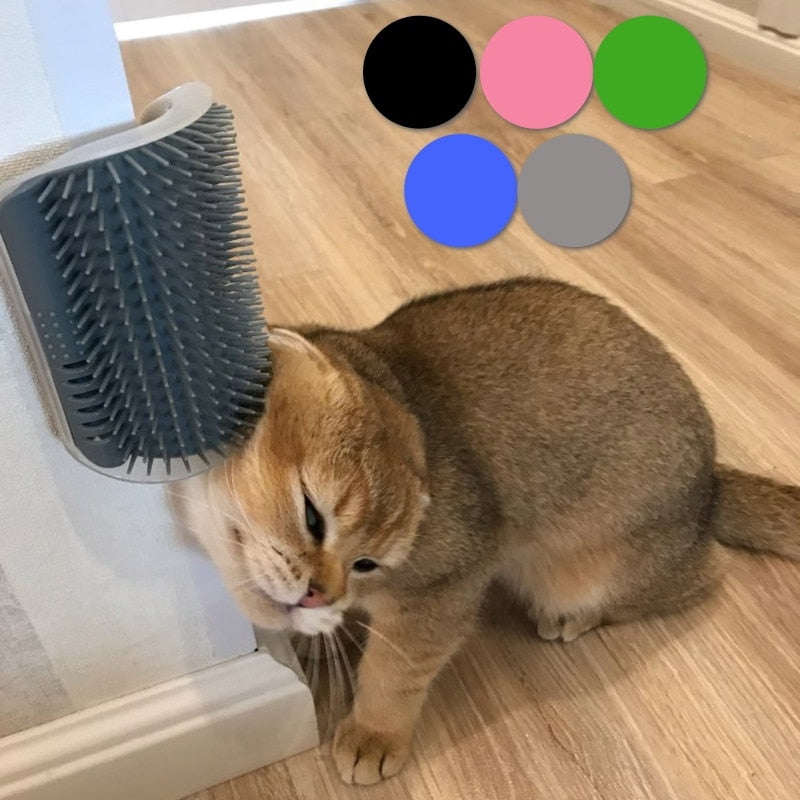 Cat enjoying a wall-mounted self-groomer brush with color options displayed.