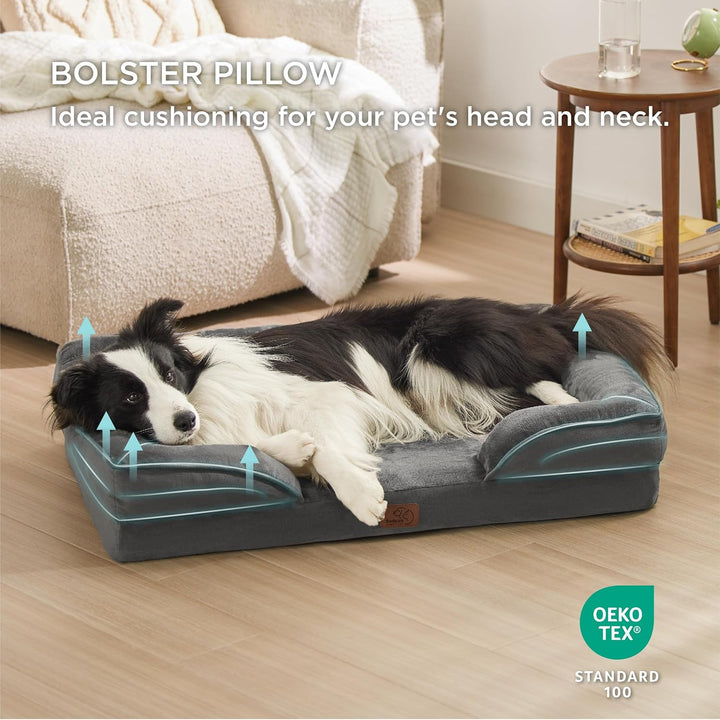Orthopedic Dog Bed for Large Dogs - Big Washable Dog Sofa Beds Large, Supportive Foam Pet Couch Bed with Removable Washable Cover, Waterproof Lining and Nonskid Bottom, Dark Grey