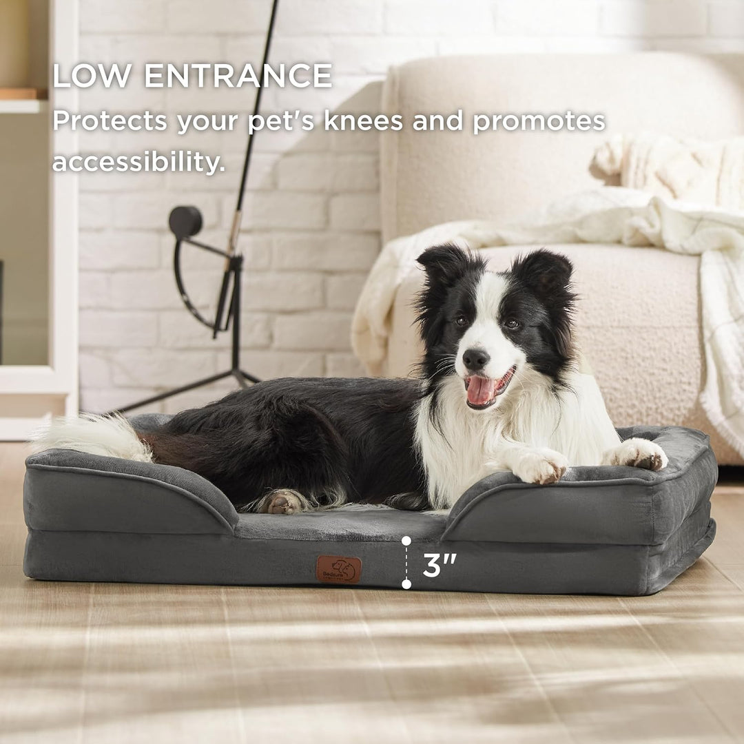 Orthopedic Dog Bed for Large Dogs - Big Washable Dog Sofa Beds Large, Supportive Foam Pet Couch Bed with Removable Washable Cover, Waterproof Lining and Nonskid Bottom, Dark Grey