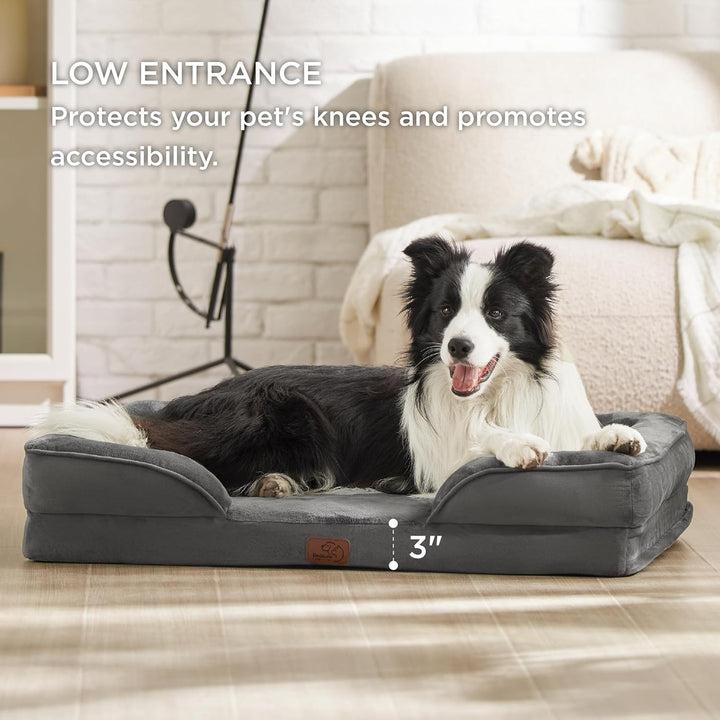 Orthopedic Dog Bed for Large Dogs - Big Washable Dog Sofa Beds Large, Supportive Foam Pet Couch Bed with Removable Washable Cover, Waterproof Lining and Nonskid Bottom, Dark Grey