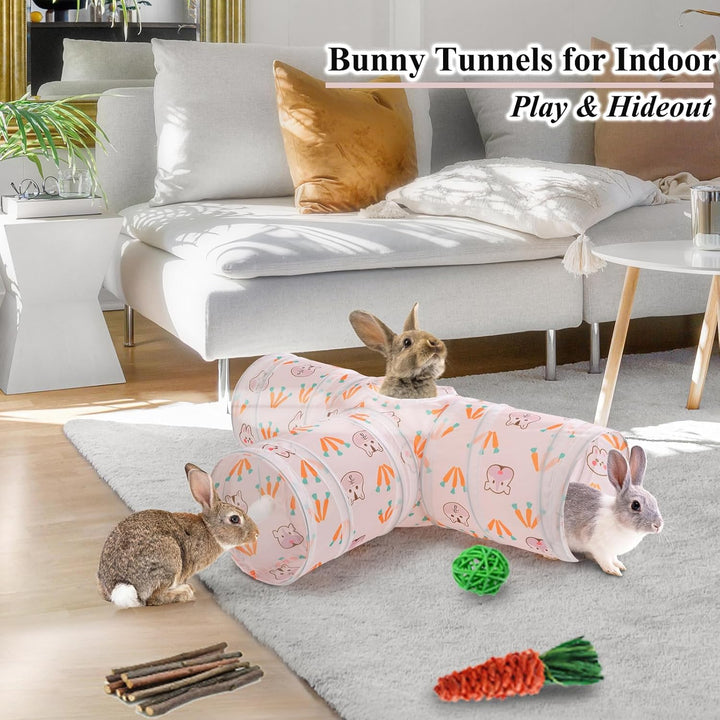 Rabbit Toys, Bunny Tunnels & Tubes, Collapsible 3 Way Rabbit Hideout Tunnel with Chew Toys for Bunny Guinea Pig Ferret Kitten