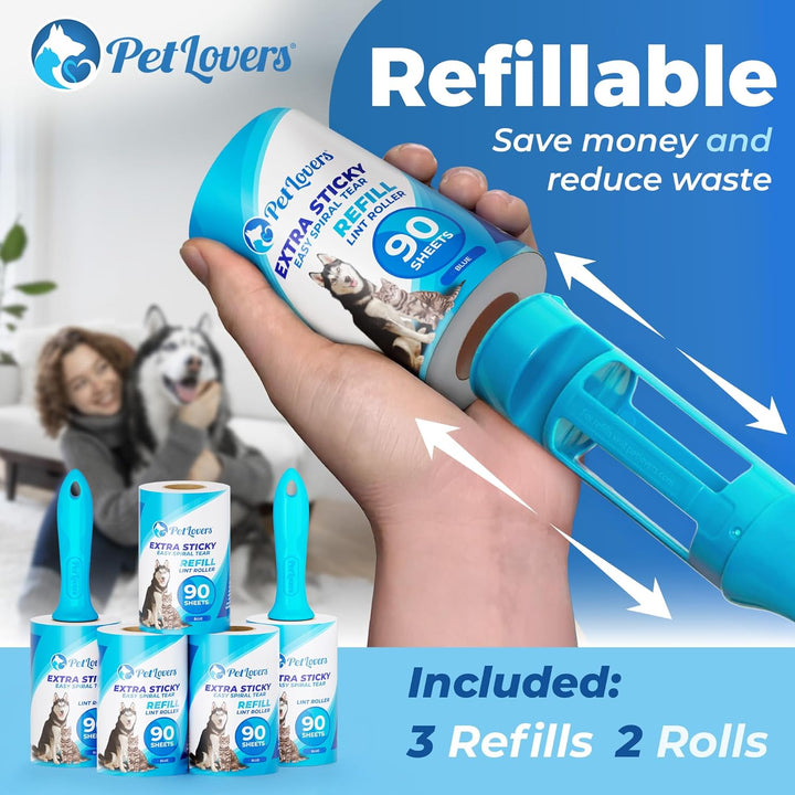 Extra Sticky Lint Roller Mega Value Set 450 Sheets for Pet Hair Removal and Clothes, Dog and Cat Lint Remover 5 Pack Light Blue
