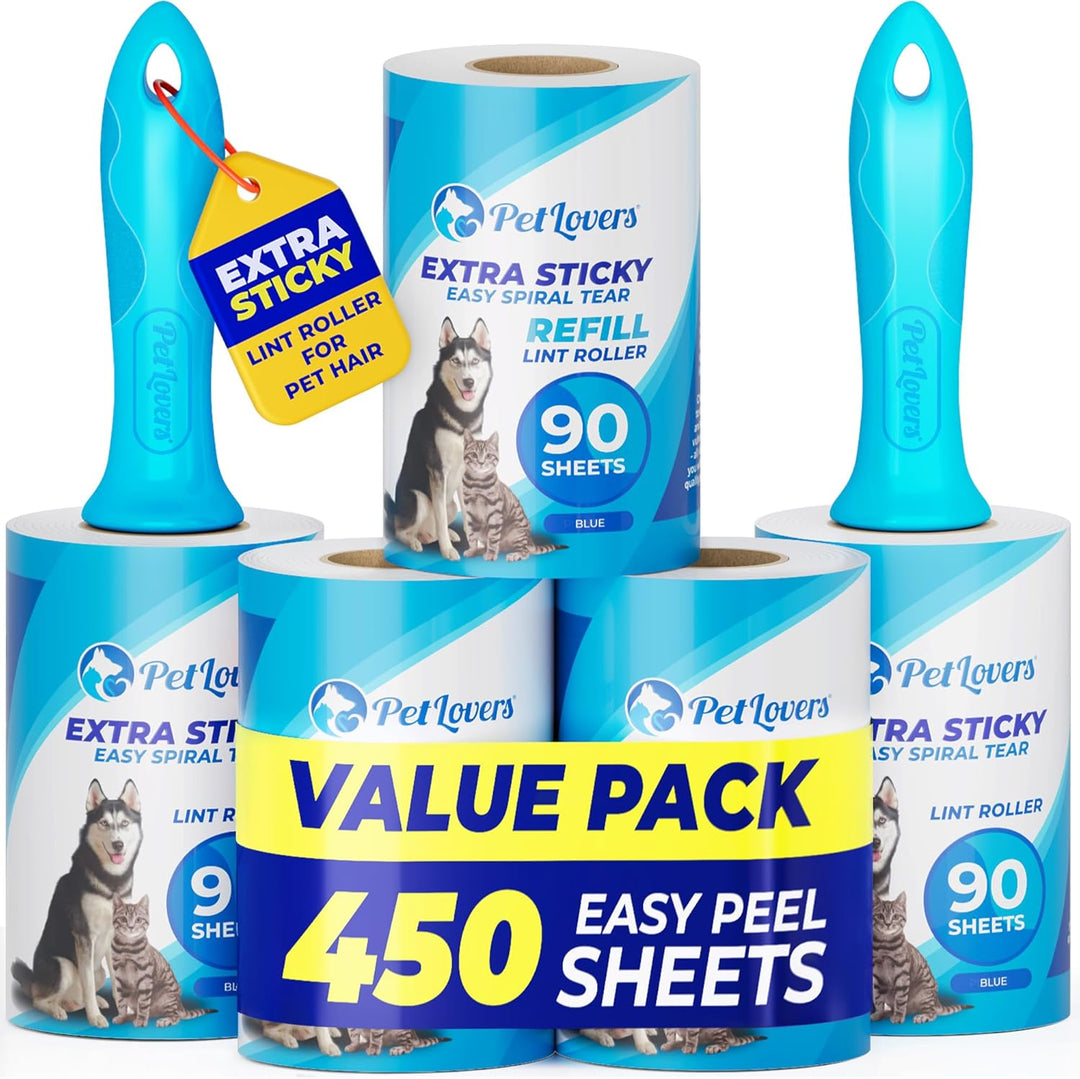 Extra Sticky Lint Roller Mega Value Set 450 Sheets for Pet Hair Removal and Clothes, Dog and Cat Lint Remover 5 Pack Light Blue
