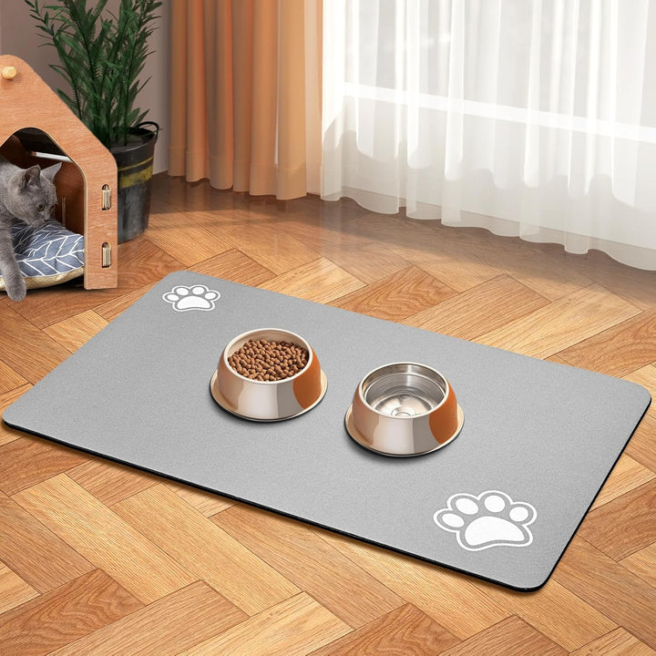 Pet Feeding Mat - Absorbent for Food and Water Bowl - Dog Accessories - Water Bowl for Messy Drinkers - No Stains Quick Dry Dispenser Mat (12"X19", Light Grey)