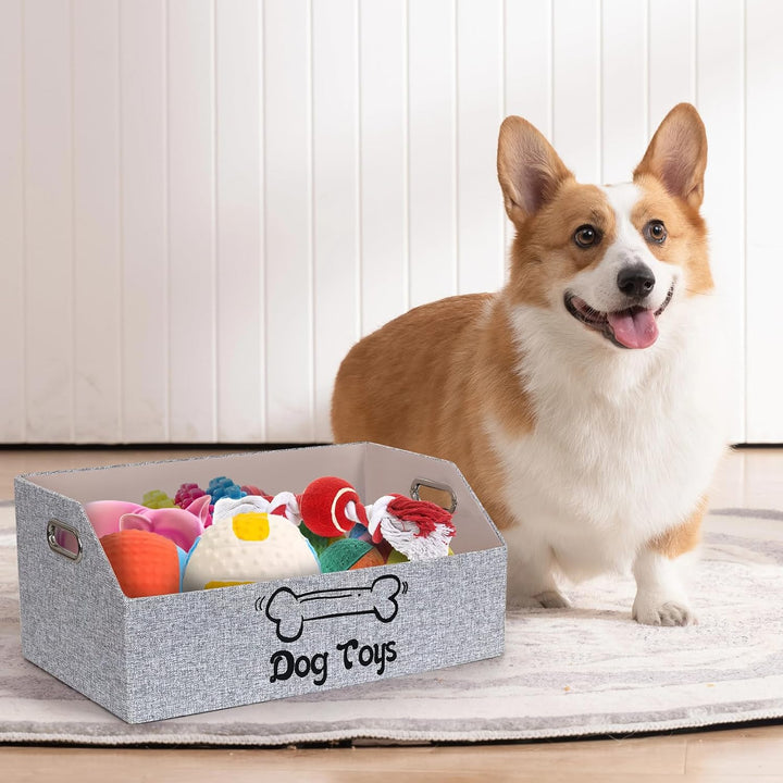 Dog Toy Basket, Puppy Toys Storage Organizer Box Foldable Trapezoid Fabric Bin Pet Supplies Holder Container with Metal Handles for Organizing Dogs Chew Toys Blankets Leashes, Gray