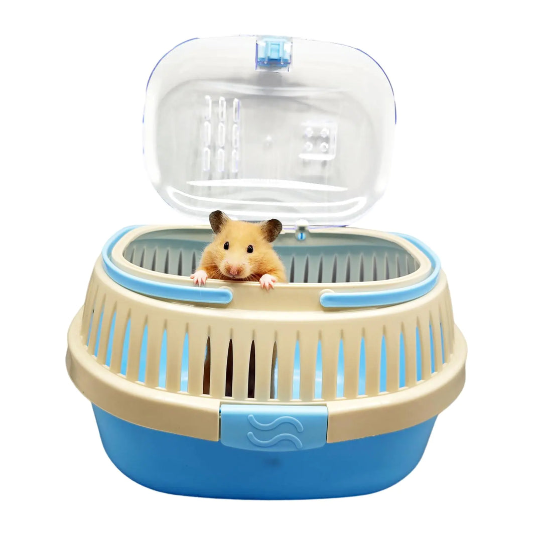 Portable blue and beige hamster travel cage with ventilation holes and transparent top, featuring a hamster peeking out.