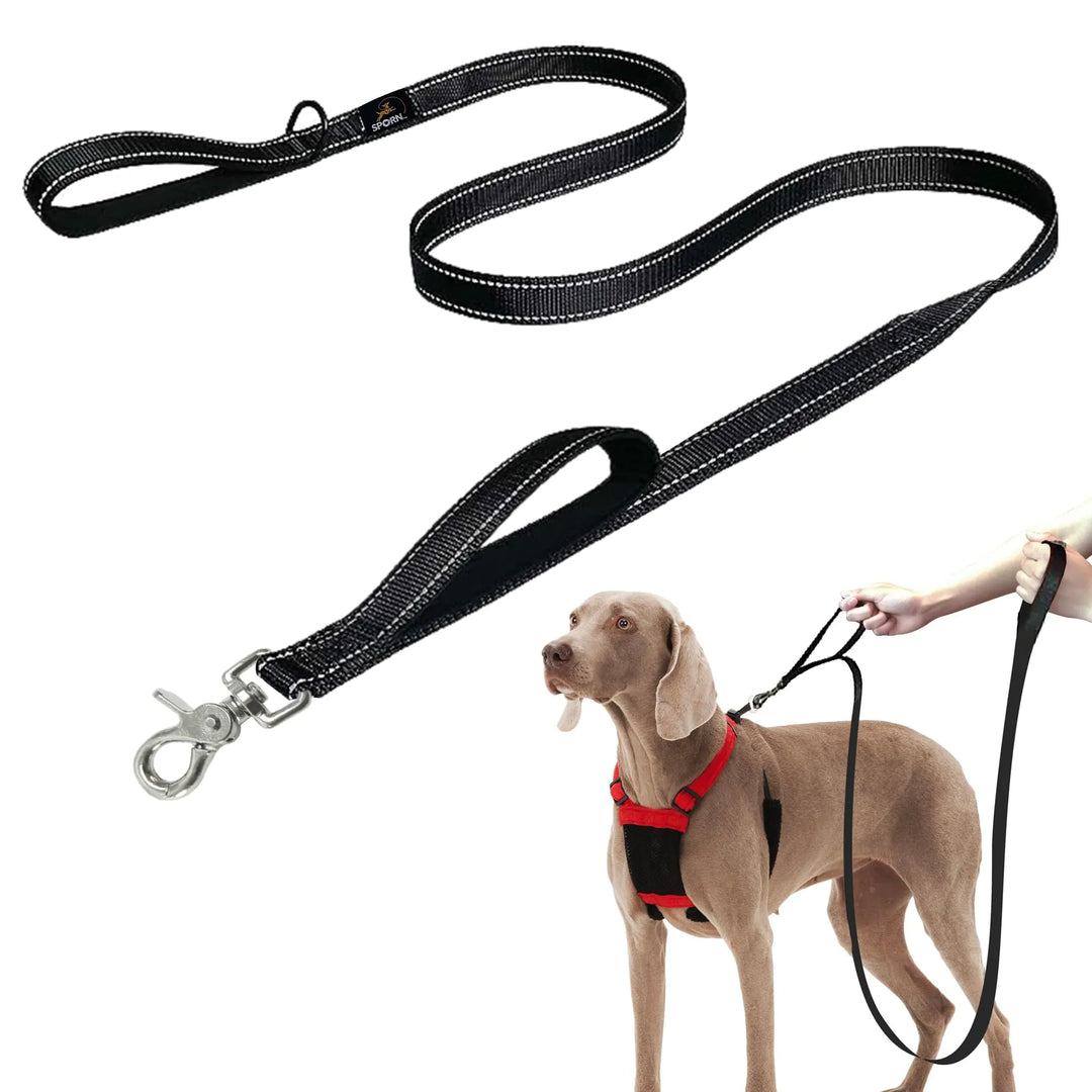 Sporn double handle dog leash with reflective strap and padded grips, 6ft black.
