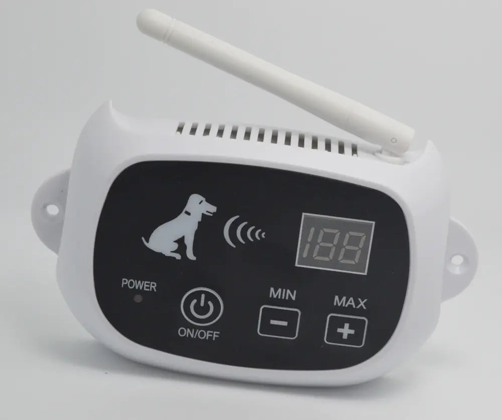 Wireless electronic dog fence control unit in white with display and antenna. 