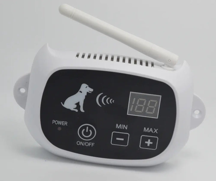 Wireless electronic dog fence control unit in white with display and antenna. 