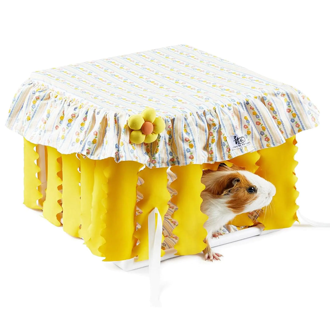 Yellow guinea pig hideout with curtain and removable cushion, suitable for small animals.
