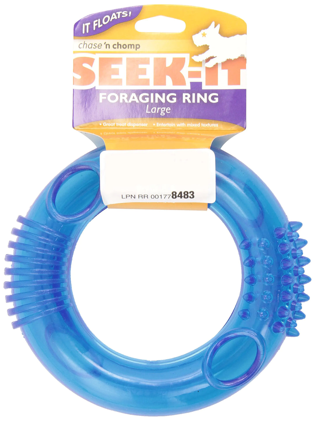 Large Chase n Chomp Foraging Ring Pet Chew Toy, blue rubber, treat dispensing, versatile for dogs.
