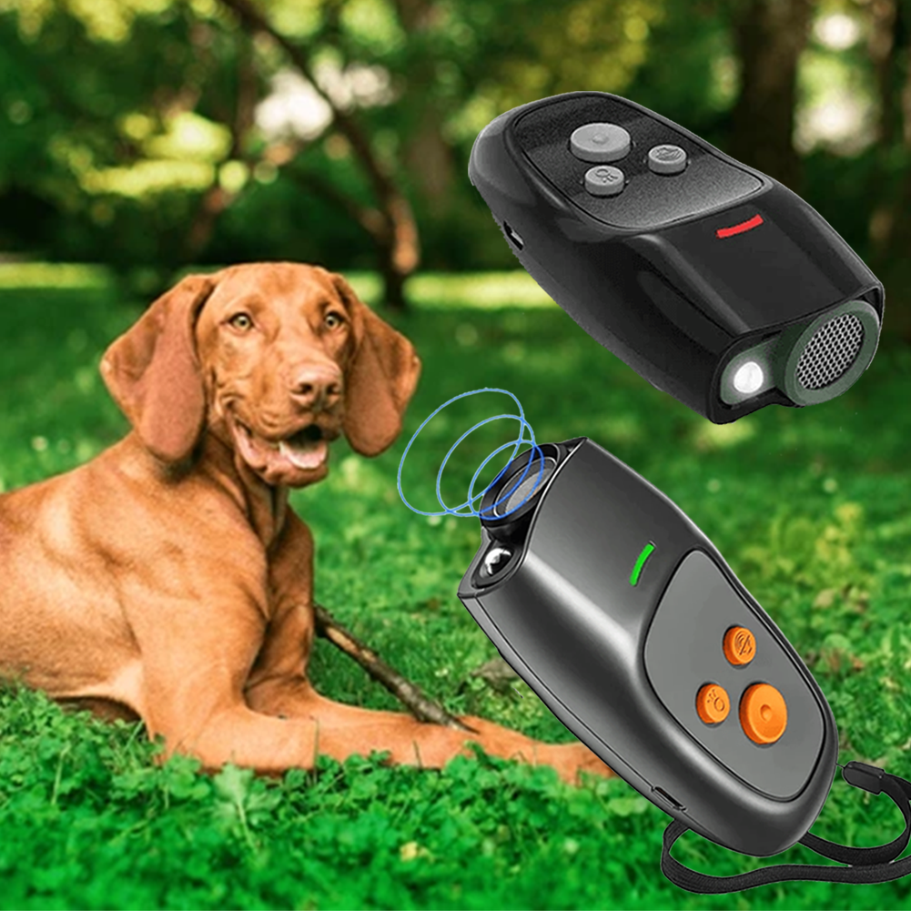 Ultrasonic stop dog barking device in a green outdoor setting with a dog.