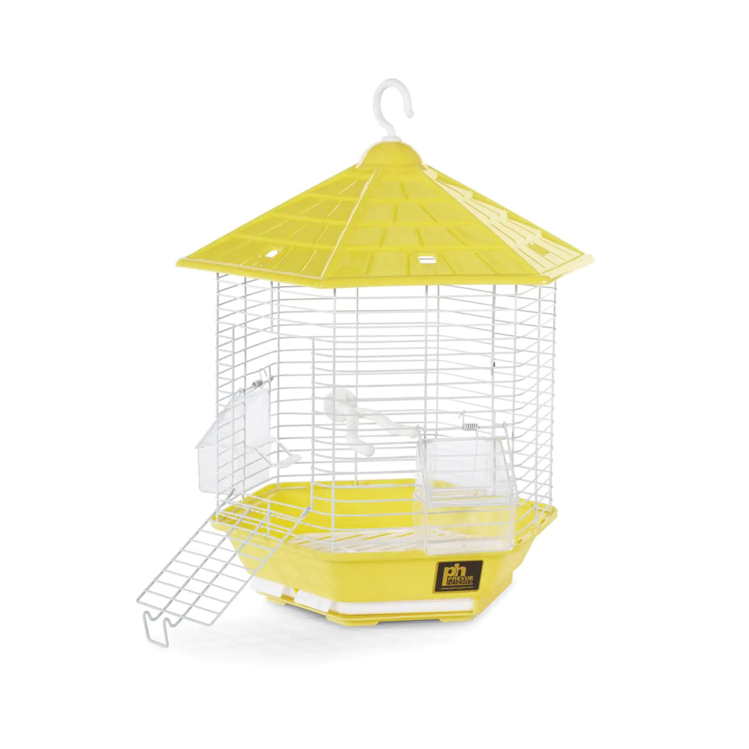 Yellow Prevue Pet Products Bali Bird Cage with perch and cups, featuring front door and pull-out trays for easy cleaning. Ideal for finches and small parakeets.