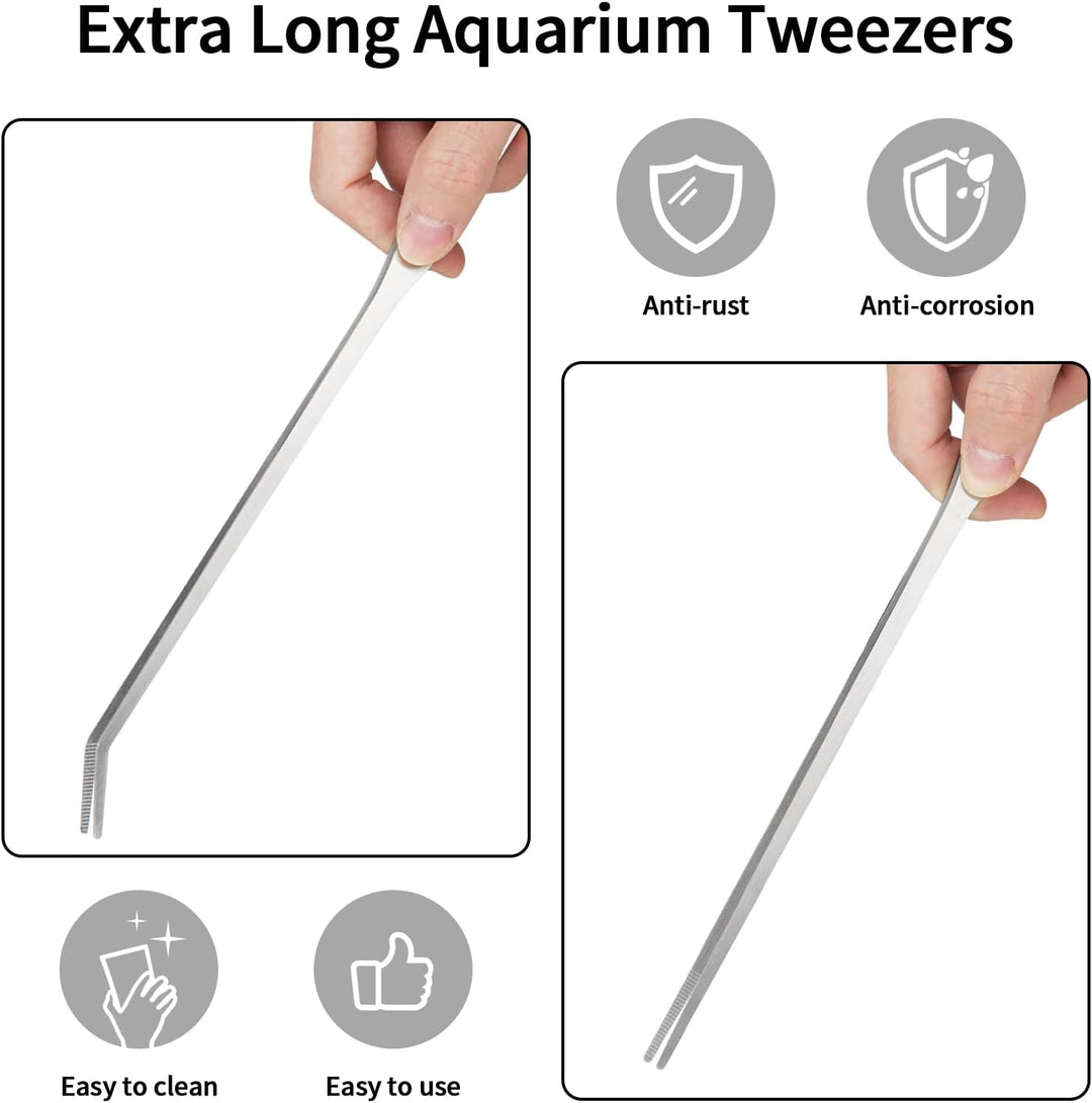 2PCS Long Aquarium Tweezers - 10.6" Straight and Curved Tweezers, Stainless Steel Reptile Feeding Tongs, Terrarium Aquascape Tools Feeder for Lizards, Bearded Dragon Snake Tank Accessories