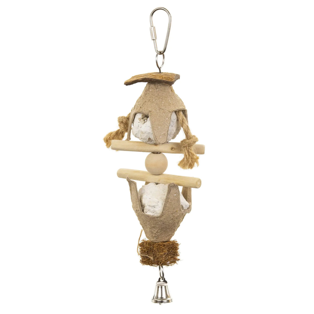Multi-sensory bird toy for small to medium birds with sisal fiber, wooden beads, and bell, by Pervue Pet Products.