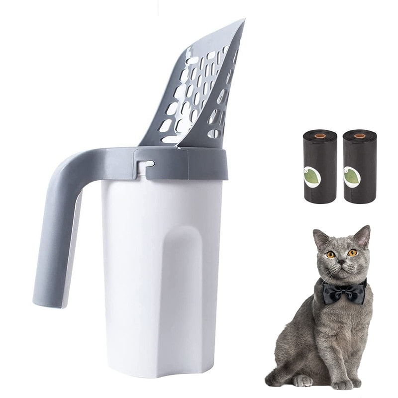 Self-cleaning cat litter scooper with ergonomic handle and slotted design.