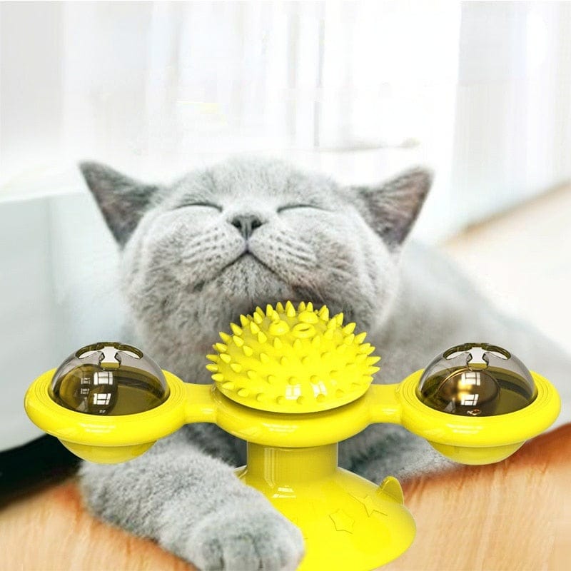 Windmill Interactive Cat Toy with grey cat enjoying playtime.