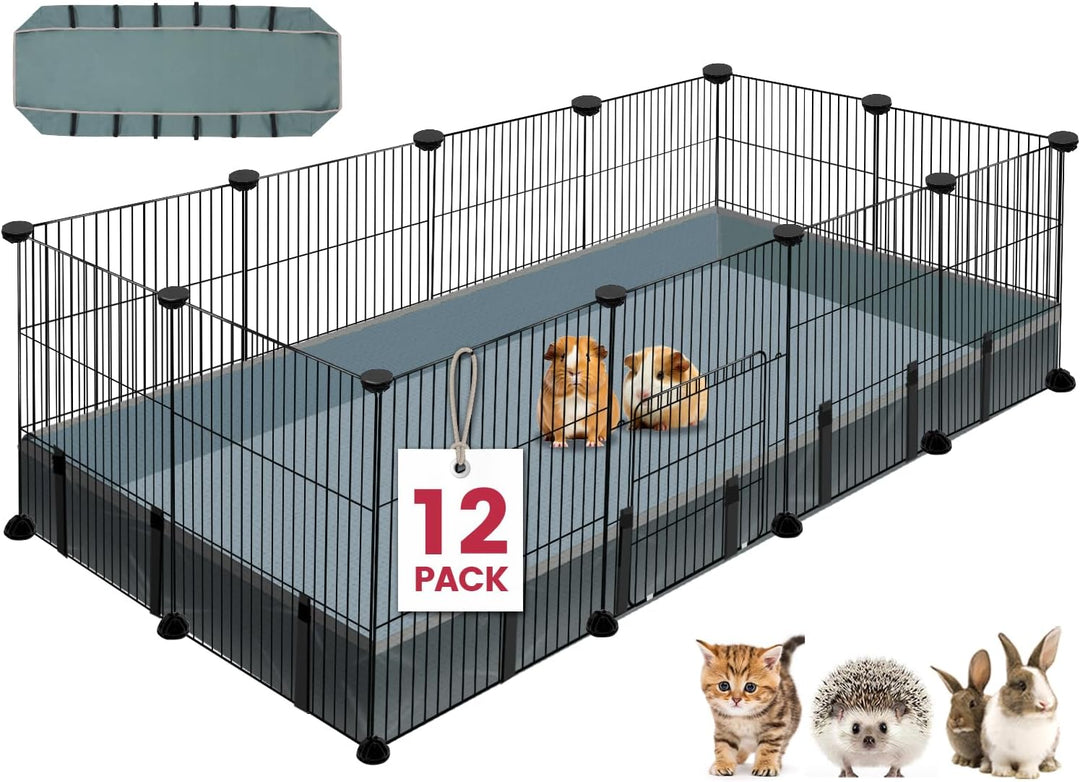 12 Panels Small Animal Playpen, 48" X 24" X 16" Pet Playpen with Waterproof Mat, C&C Cage for Guinea Pigs, Puppy Play Pen, Bunny Playpen, Indoor Outdoor Portable Metal Wire Yard Fence