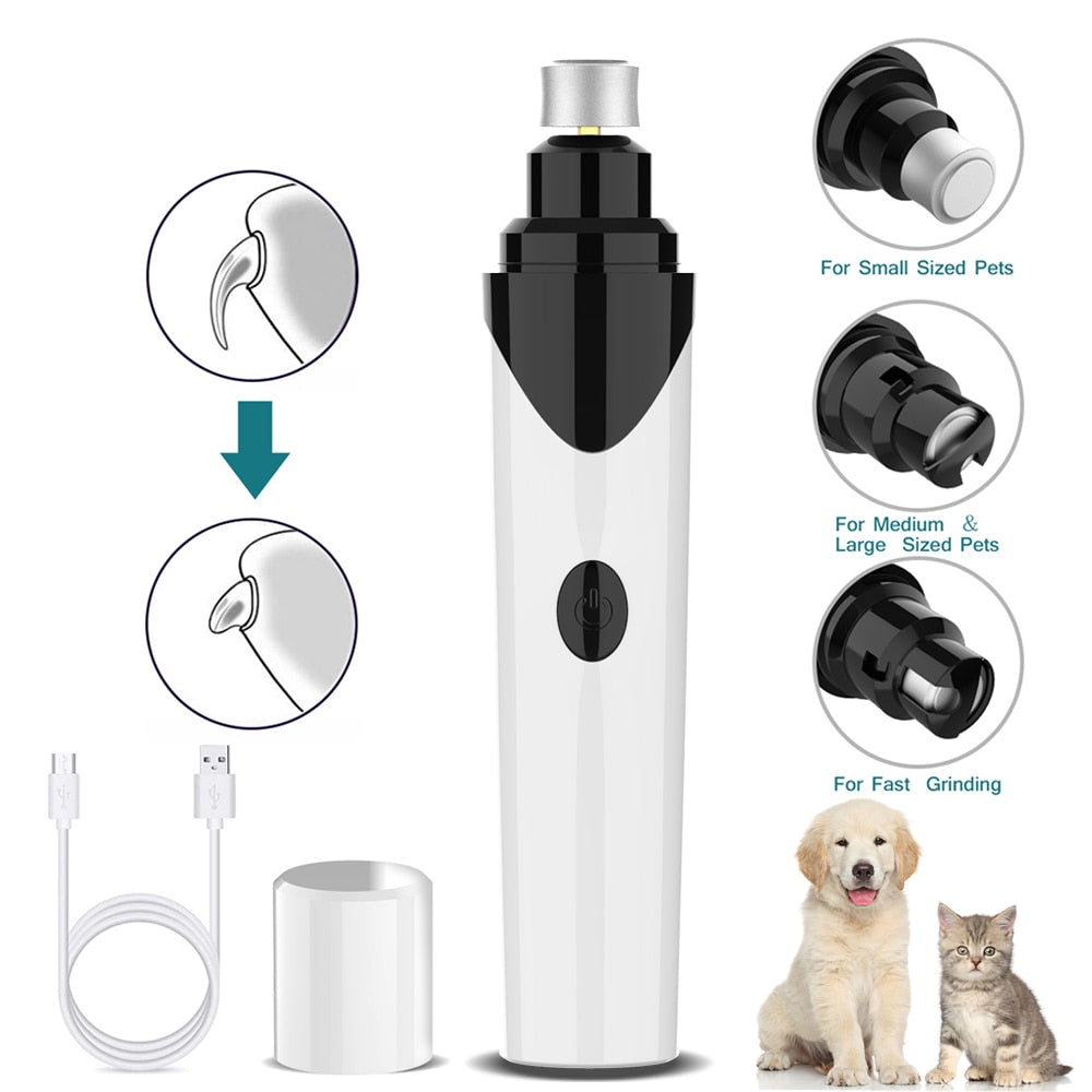 Rechargeable pet nail grinder with USB cable for painless grooming of pets of all sizes.